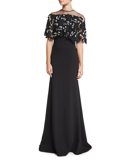Wedding - Floral Lace Capelet Gown, Black/Ivory