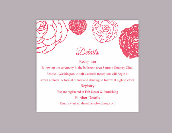 Wedding - DIY Wedding Details Card Template Editable Word File Download Printable Details Card Fuchsia Details Card Floral Rose Information Cards