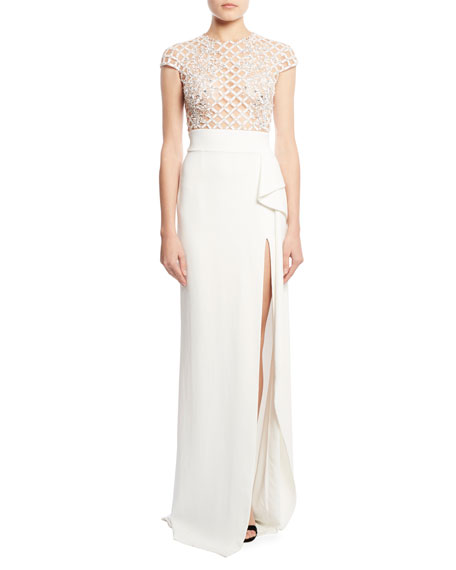 زفاف - Cady Side-Slit Gown with Embellished Lace Bodice