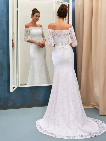 Mariage - Lace-up Sweep-train Simple Half-sleeves Sheath-Column Off-the-shoulder Wedding Dress