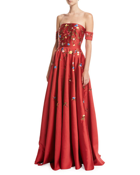 Hochzeit - Margaret Strapless Embroidered Satin Gown, Scarlet
