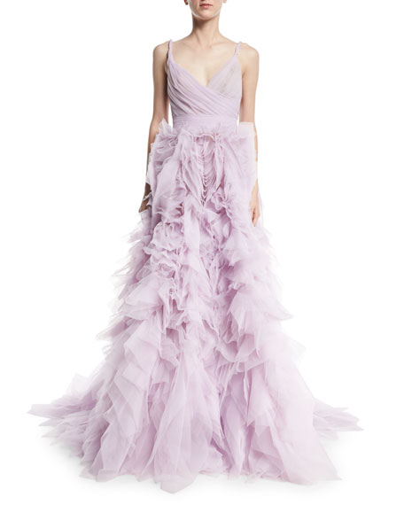 Mariage - Draped Tulle Ball Gown with Ruffle Skirt, Lilac