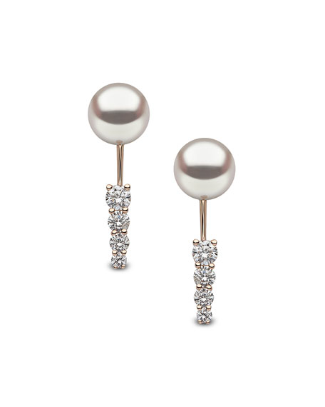 زفاف - 18K Rose Gold Linear Diamond & Pearl Jacket Earrings