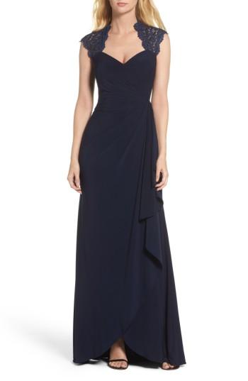 Mariage - Xscape Side Drape Metallic Lace & Jersey Gown 