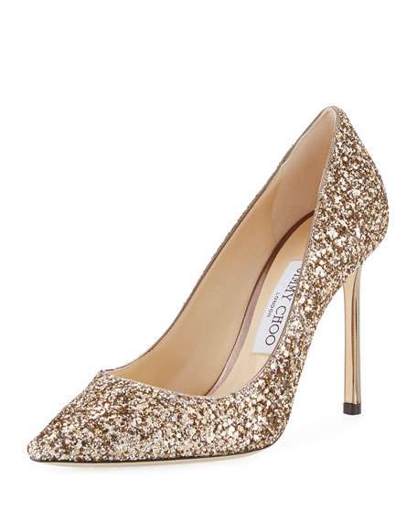Mariage - Romy Glitter Pointed-Toe 100mm Pump, Antique Gold