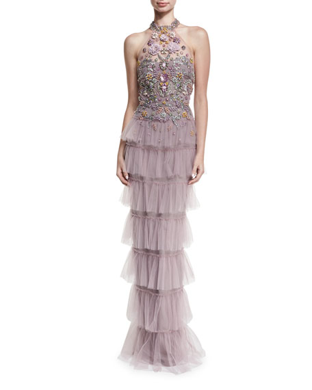 Wedding - Jeweled Tulle Halter Gown