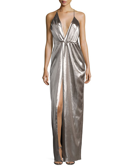 Hochzeit - Plunging Halter-Neck Asymmetric Metallic Evening Gown