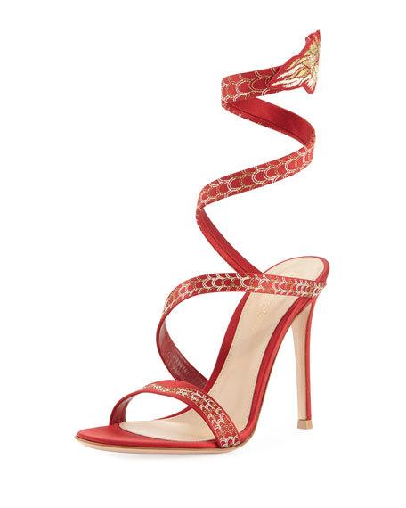Hochzeit - Snake Coiled Satin Embellished Sandal, Red