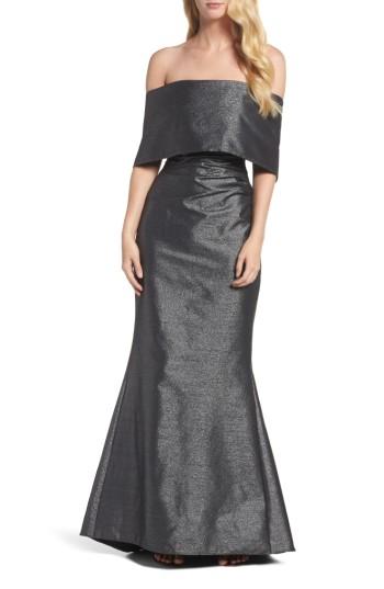 Mariage - Vince Camuto Ruched Metallic Knit Off the Shoulder Gown 