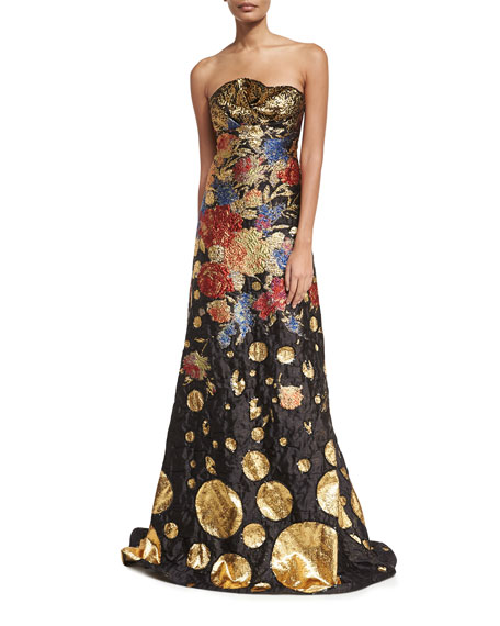 Hochzeit - Metallic Floral Brocade Strapless Evening Gown