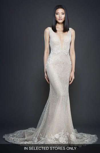 Hochzeit - Lazaro Embellished Check Net Gown 