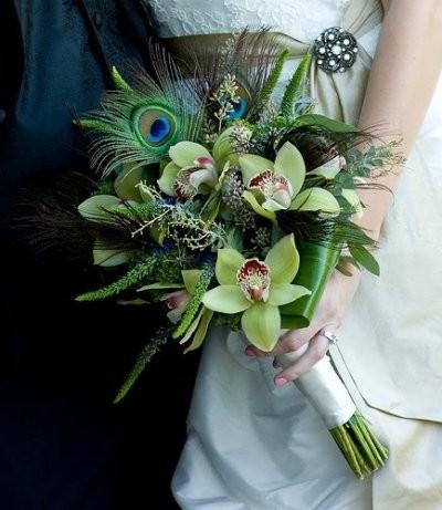Wedding - Peacock Feathered Wedding Bouquet ♥ Unique Green Bridal Bouquet 