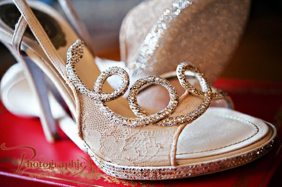 Wedding - Lace and Rhinestoned Sparkly Wedding Shoes ♥ Glitter Bridal Shoes 