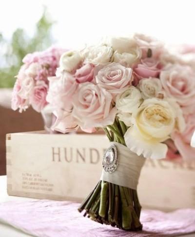 Wedding - Pale Pink Wedding Color Palettes ♥ Crystal Brooch & Satin Ribbon Wedding Flower Bouquet Handle 