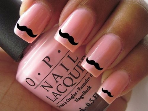 Wedding - Pink Polish and Black Mustache Nail Stickers ♡ Water Transfers Black Moustache for Natural or False Nails 
