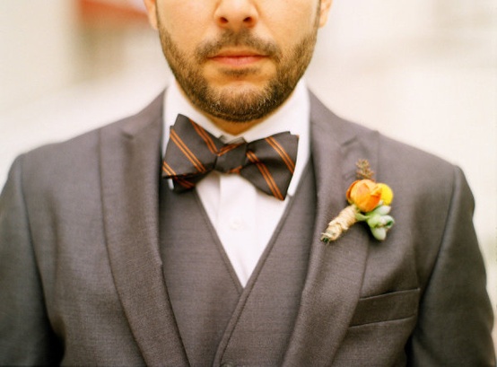 Wedding - Striped Bow Tie and Boutonniere  for Groom 