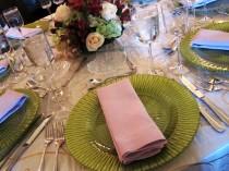 wedding photo - pink, green, table setting, place setting, glassware