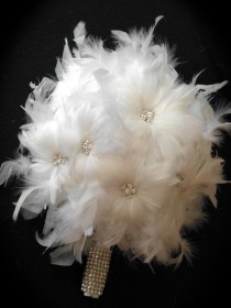 wedding photo - White feather snow flake bridal bouquet