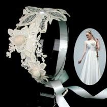 wedding photo - Wedding Bridal Beautiful Flower Applique Lace Headband Pearls Headpiece