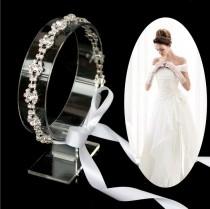 wedding photo - Special Bridal White Ribbon Headband Rhinestone Lace Headpiece Wedding Accessory