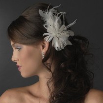 wedding photo - White Bridal Feather & Rhinestone Fascinator Bridal Wedding Comb