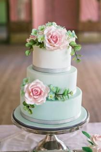 wedding photo - Three tier cake decorated with pink roses