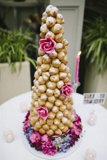 wedding photo - Pretty Croquenbouche wedding cake with pink roses