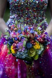 wedding photo - Sequined Wedding Dress   Brightly Colored Bouquet = Happy Eyes