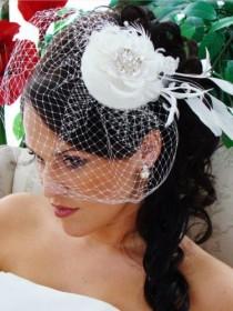 wedding photo - NWT هوت كوتور العاج الزفاف الريشة زهرة زفاف مطرز قبعة قفص العصافير الحجاب