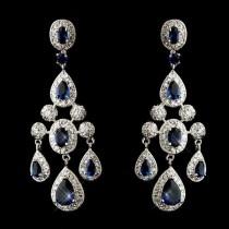 wedding photo - NWT Stunning Sapphire Blue CZ Wedding Prom Pageant Chandelier Earrings