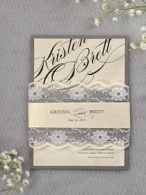 wedding photo - Custom listing (90) Grey and Ivory Wedding Invitation (81 printed, 9 blank envelopes), 1 GUESTBOOK, Calligraphy Wedding Invitations , - New