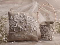 wedding photo - Flower Girl Basket & Ring Bearer Pillow Set, Shabby Chic Natural Linen, Lace Ring Pillow, Embriodery Names - New