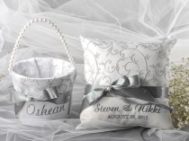 wedding photo - Flower Girl Basket & Ring Bearer Pillow Set, Grey  Satin and cream Lace, - New