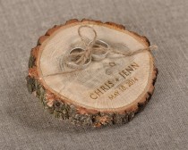 wedding photo - Engraved  Wood Wedding Ring Bearer Slice, Rustic Wooden Ring Holder ,  Burlap Ring Bearer Pillow - New