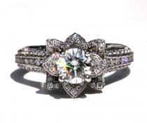 wedding photo - PLATINUM Miligrain - Gorgeous UNIQUE Flower Lotus Rose Diamond Engagement Ring Semi mount SETTING only - fL04 - New