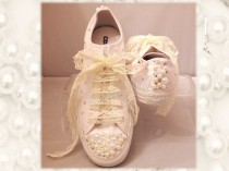 wedding photo - Wedding converse / lace shoes / brides converse / premium range /pearl converse / vintage / delicate / romantic / White wedding - New