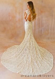 wedding photo -  Ivory Lace Bohemian BACKLESS WEDDING GOWN. simple and elegant wedding dress with open back and long elegant train. Cap sleeves. Ivory Lace - New
