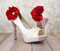 wedding photo - Wedding Shoes - Ivory Platform Peep Toe Wedding Shoes with Red and Silver Rhinestones on Heel and Platform Red Trio Flowers on Ankle - New