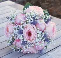 wedding photo - Silk Wedding Flower Bouquet made with Pink Cabbage Roses, Pink Peony buds, Babies Breath and Lavender silk flowers. - New