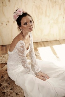 wedding photo - Long lace sleeve wedding dress with stunning low back and silk chiffon train boho vintage bride - New