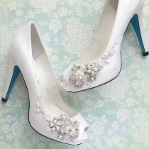 wedding photo - Something Blue Wedding Shoes with Handmade Crystal Blossom and Beaded Vine White or Ivory Peep Toe Pumps - New