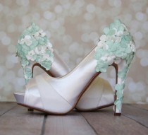 wedding photo - Wedding Shoes -- Light Ivory Platform Wedding Shoes with Light Ivory and Mint Green Satin Flowers on the Heel - New