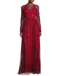 wedding photo - Floral-Embroidered Long-Sleeve Gown, Scarlet