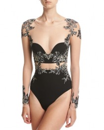 Peony Floral-Embroidered Long-Sleeve Bodysuit, Black wedding photo - Peony Floral-Embroidered Long-Sleeve Bodysuit, Black