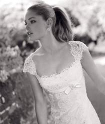 wedding photo -  Pronovias Lace Deep Scoop Neckline and Cap Sleeves Wedding Dress 