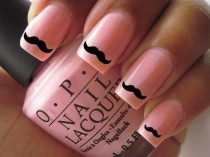wedding photo - Pink Polish and Black Mustache Nail Stickers ♡ Water Transfers Black Moustache for Natural or False Nails 